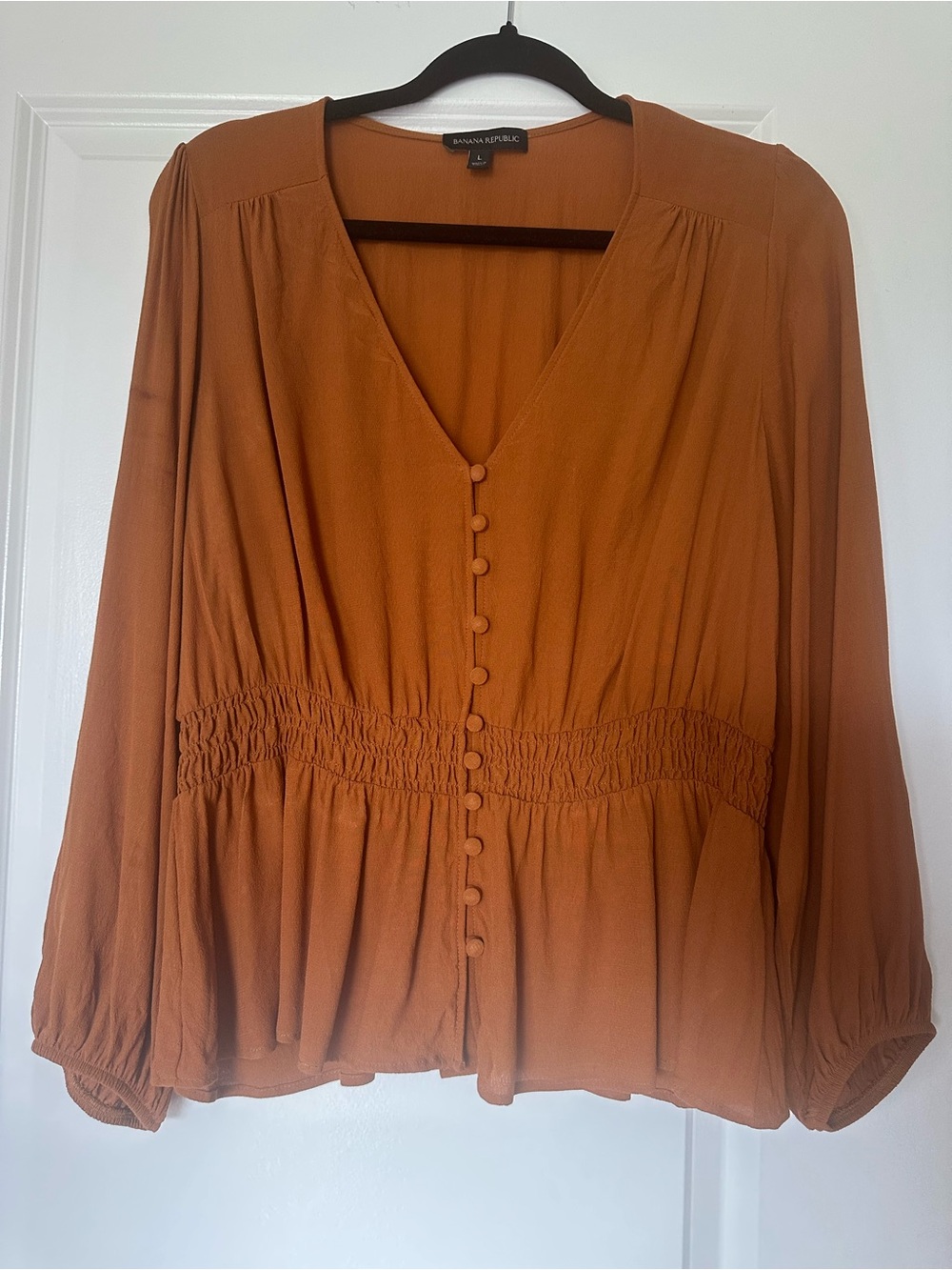 Banana Republic Burnt Orange Button-Front Smocked Waist Blouse